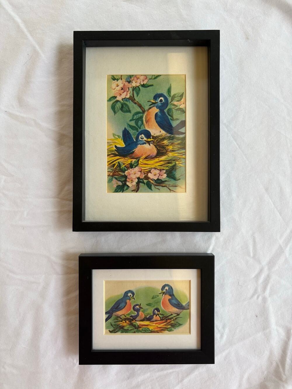 Vintage Bluebird Family Nursery Framed Matted Children’s Book Page Set of 2